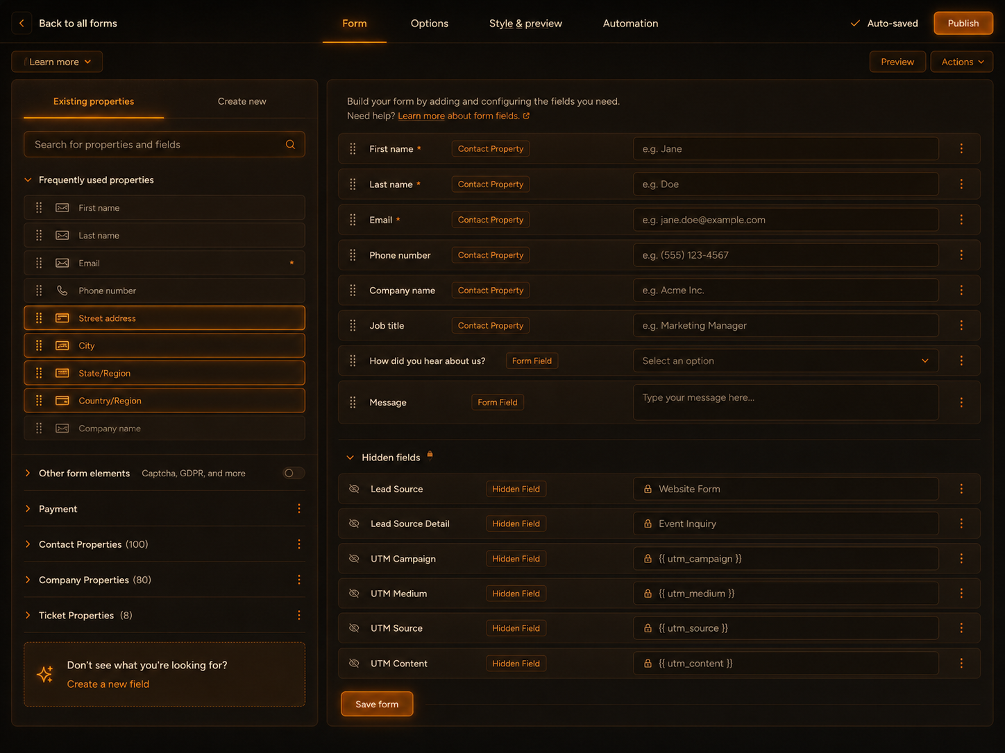 HubSpot form builder with hidden fields