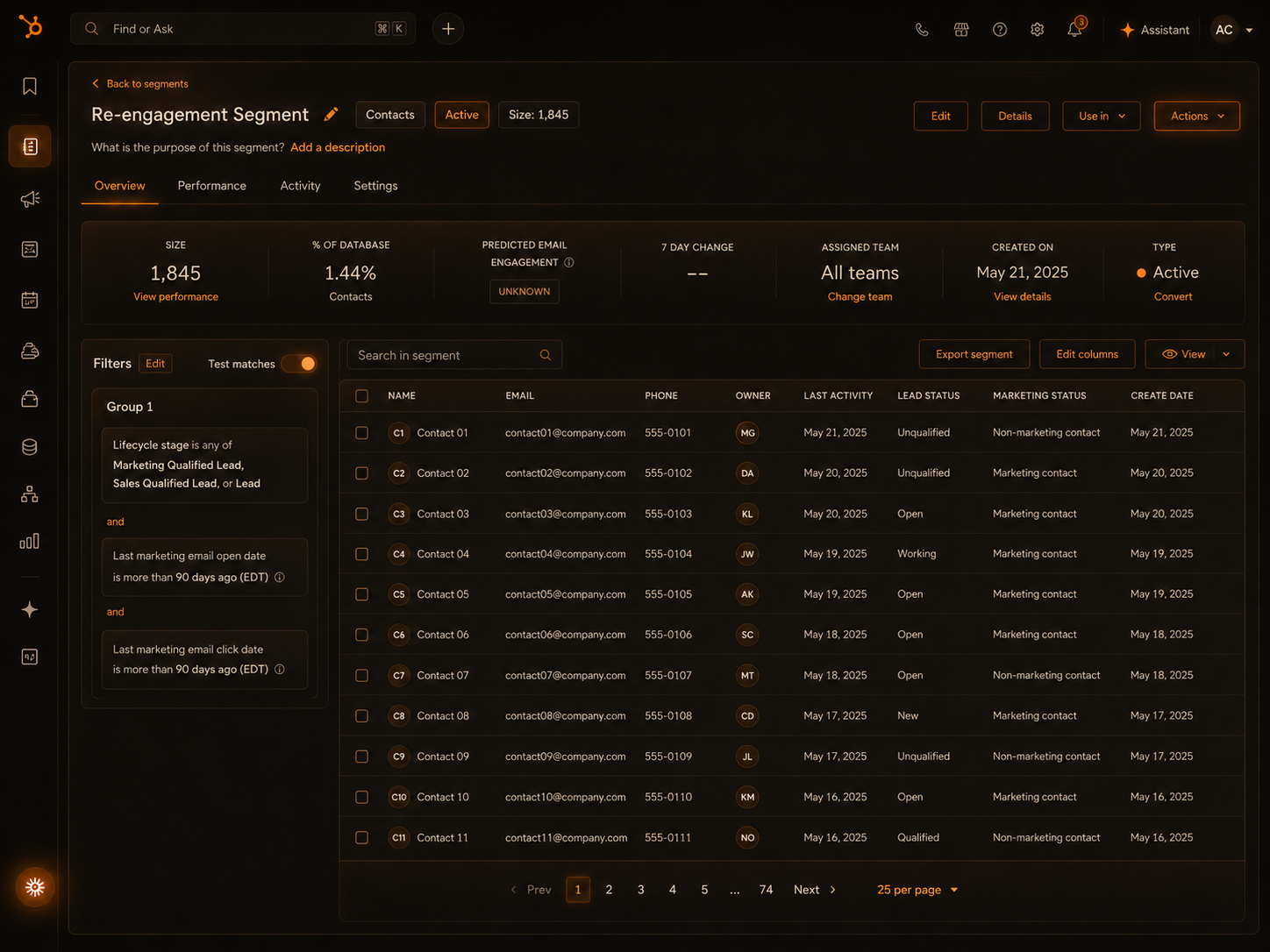 HubSpot re-engagement segment overview